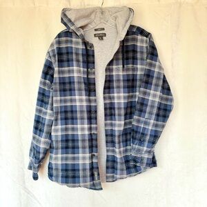 Eddie Bauer Mens Blue Grey Plaid Lined Button Front Hoodie Jacket Sz S Cabincore